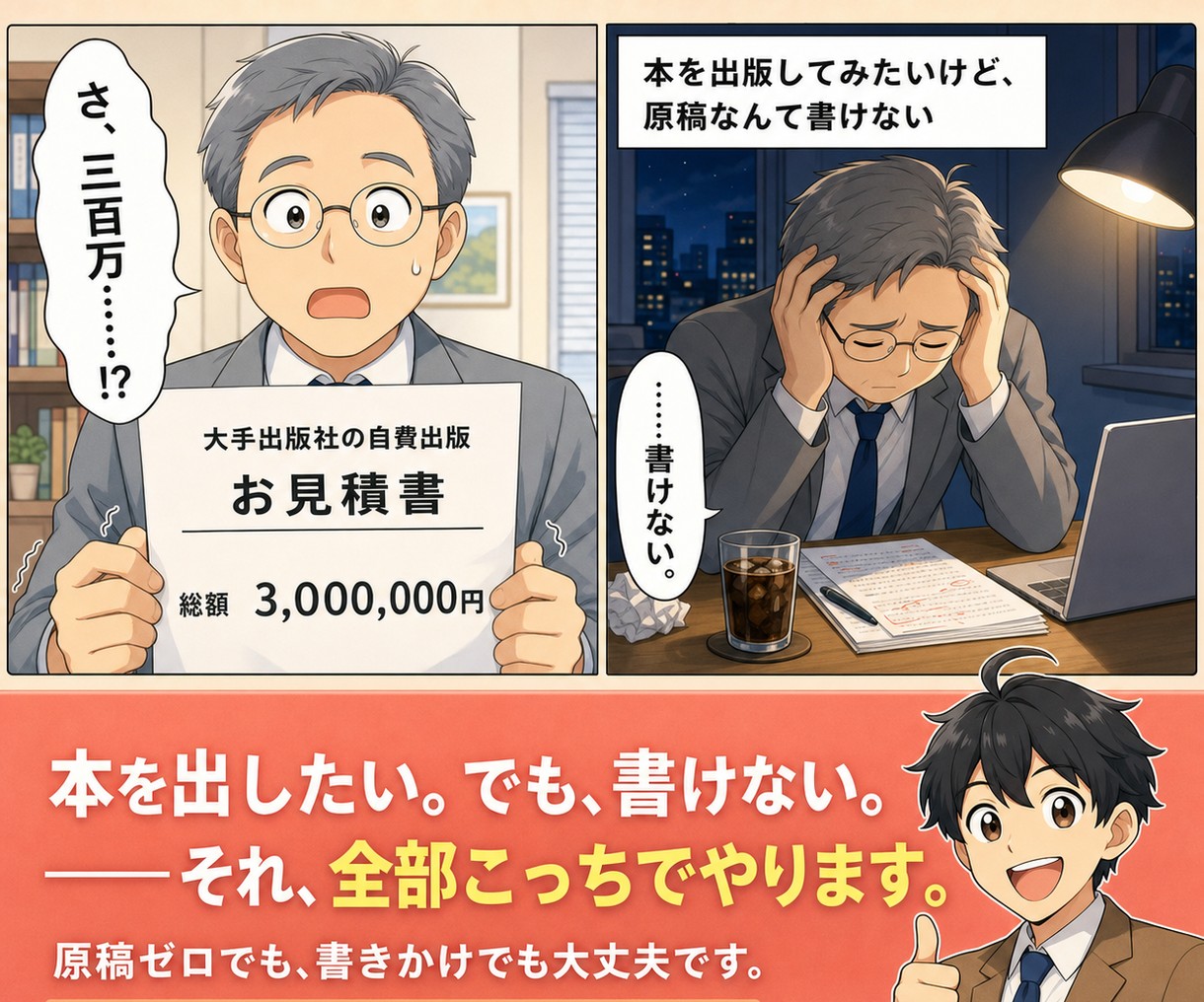 深夜のデスクで、大手出版社の自費出版見積り300万円に驚く社長。本を出したいけれど原稿が書けない