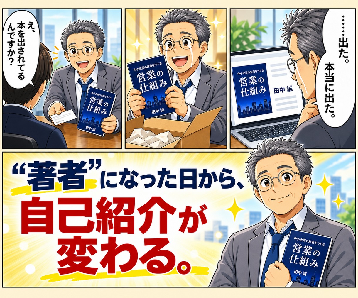 自分の本が完成し、名刺代わりに渡して商談が弾む場面。著者になった日から自己紹介が変わる